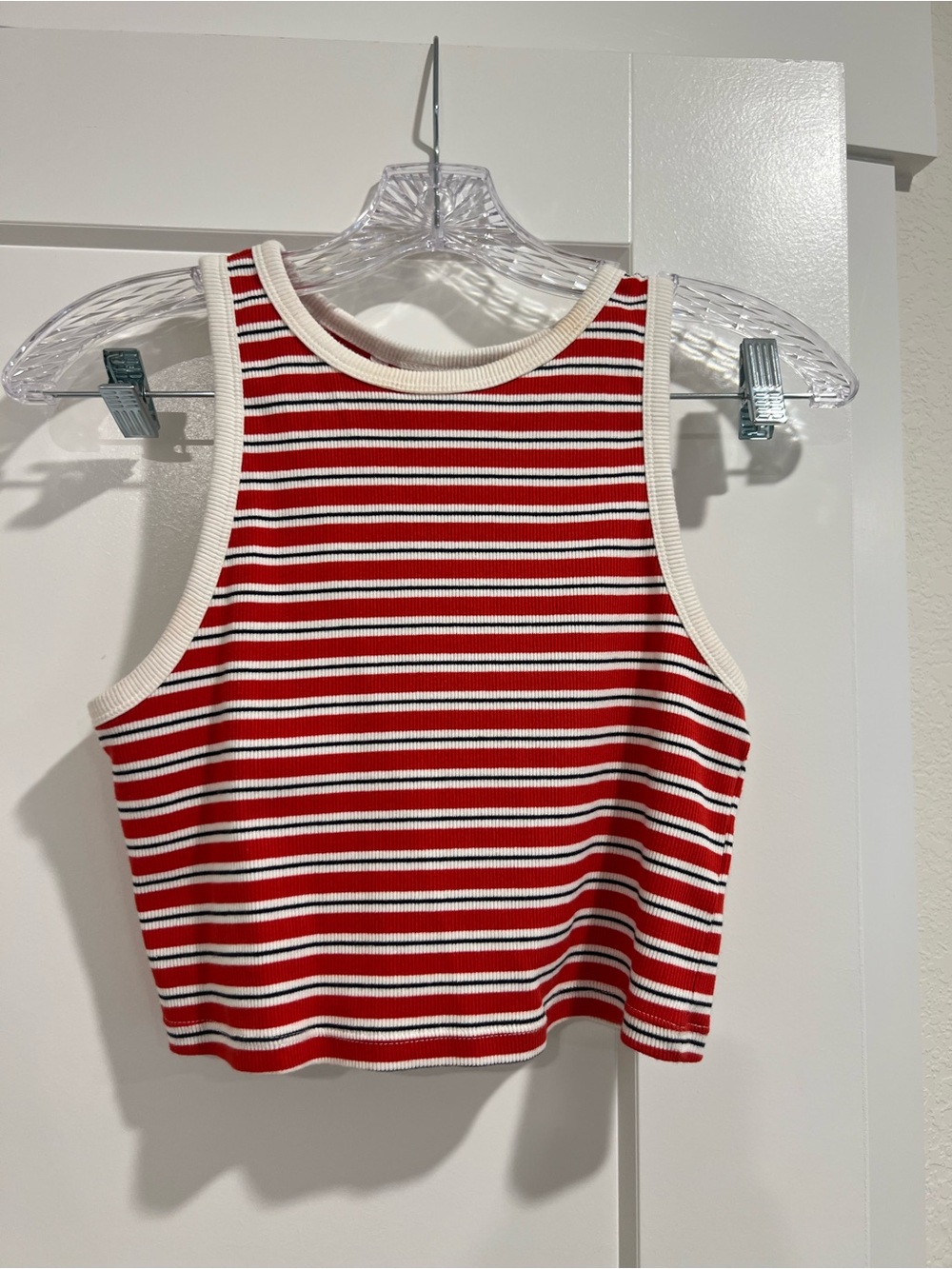 H&M Striped Red & White Ribbed Cropped Tank Top